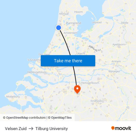 Velsen Zuid to Tilburg University map