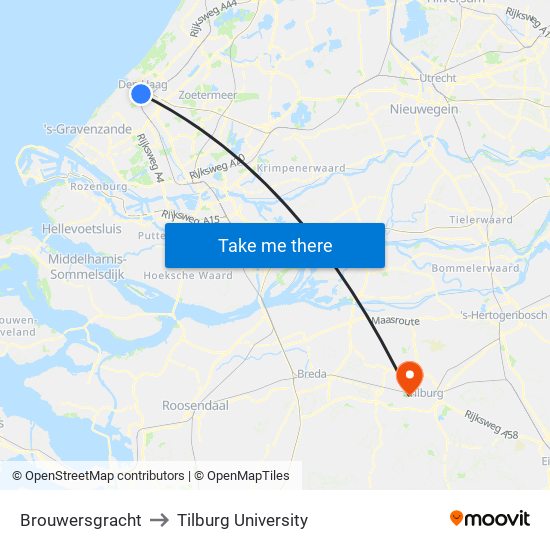 Brouwersgracht to Tilburg University map