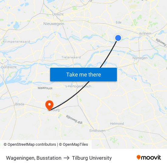 Wageningen, Busstation to Tilburg University map