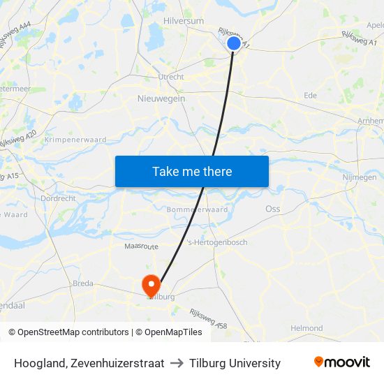 Hoogland, Zevenhuizerstraat to Tilburg University map