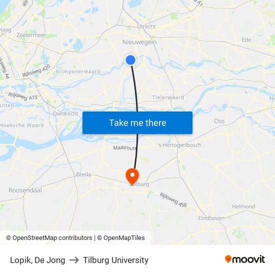 Lopik, De Jong to Tilburg University map