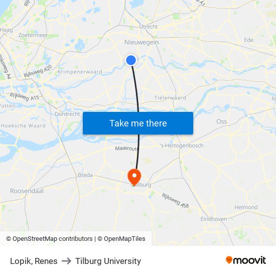 Lopik, Renes to Tilburg University map