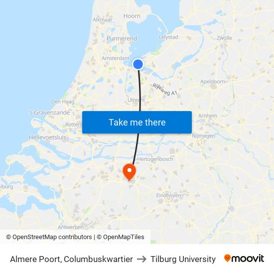 Almere Poort, Columbuskwartier to Tilburg University map