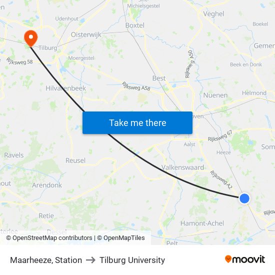 Maarheeze, Station to Tilburg University map