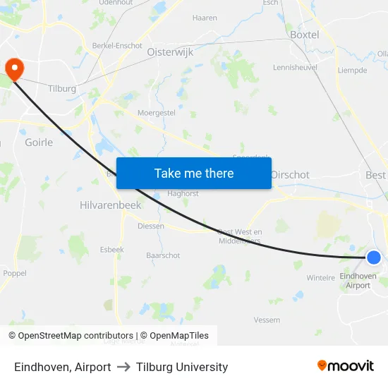 Eindhoven, Airport to Tilburg University map