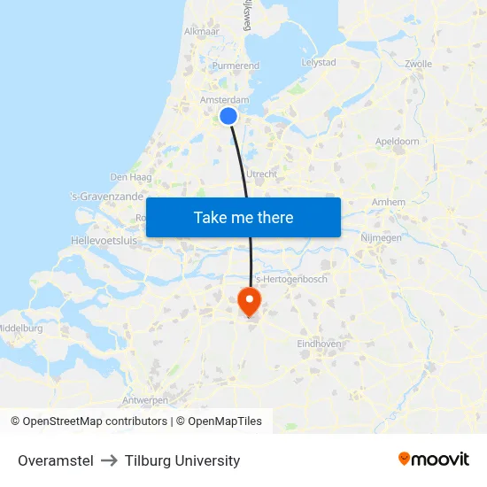 Overamstel to Tilburg University map