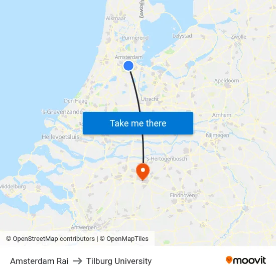 Amsterdam Rai to Tilburg University map