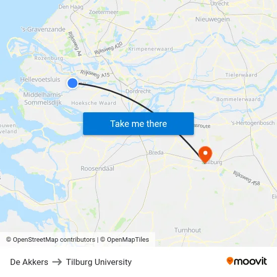 De Akkers to Tilburg University map