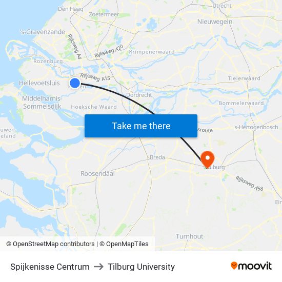 Spijkenisse Centrum to Tilburg University map