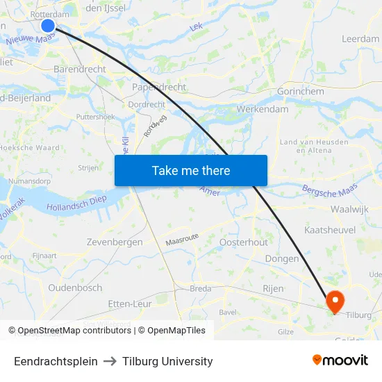 Eendrachtsplein to Tilburg University map