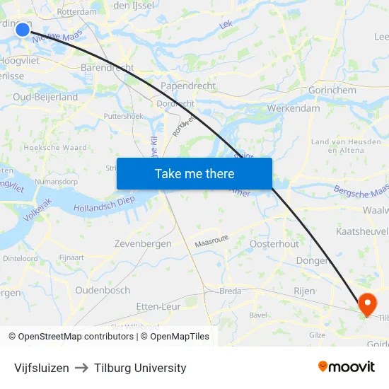 Vijfsluizen to Tilburg University map