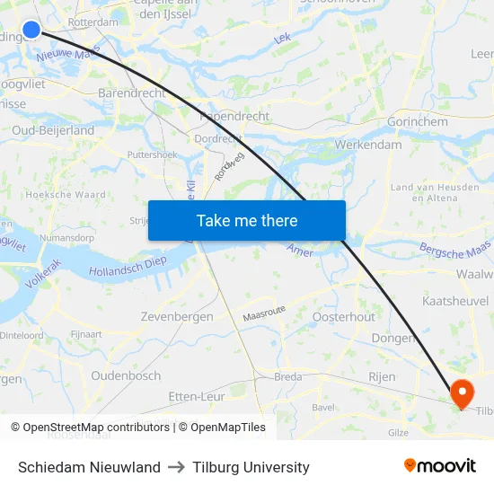 Schiedam Nieuwland to Tilburg University map