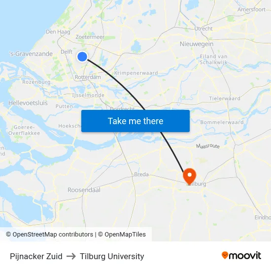 Pijnacker Zuid to Tilburg University map