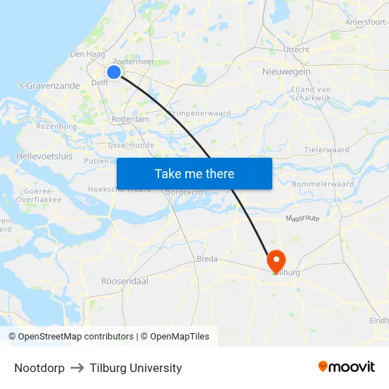 Nootdorp to Tilburg University map