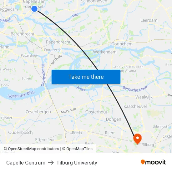 Capelle Centrum to Tilburg University map