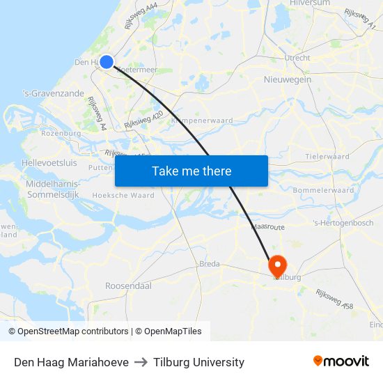 Den Haag Mariahoeve to Tilburg University map