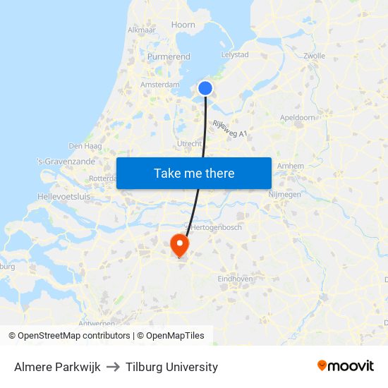 Almere Parkwijk to Tilburg University map