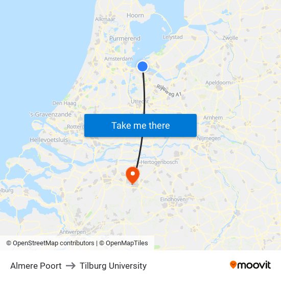 Almere Poort to Tilburg University map