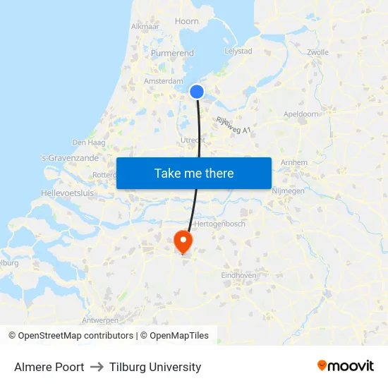 Almere Poort to Tilburg University map