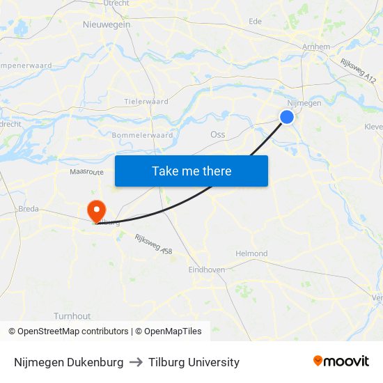 Nijmegen Dukenburg to Tilburg University map