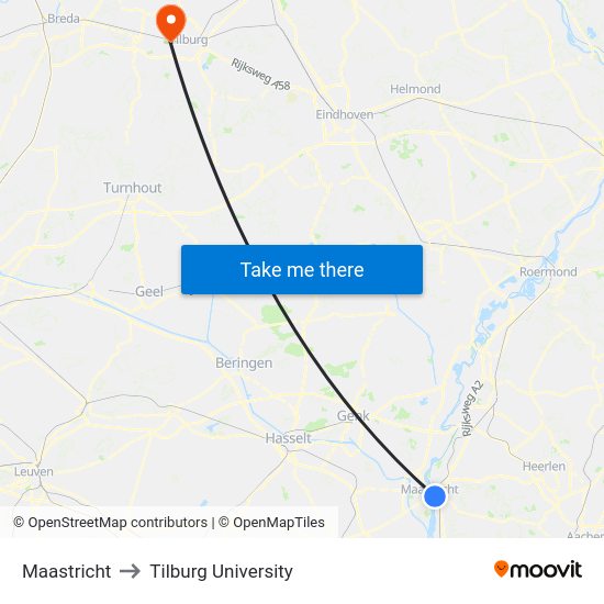 Maastricht to Tilburg University map