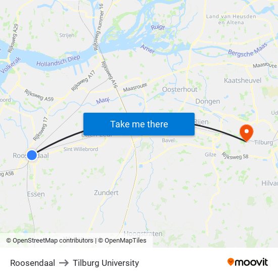 Roosendaal to Tilburg University map