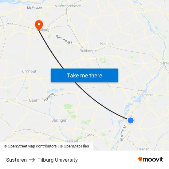 Susteren to Tilburg University map