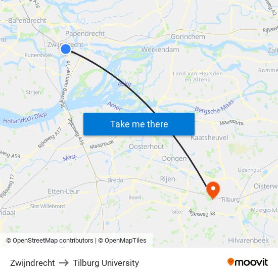 Zwijndrecht to Tilburg University map