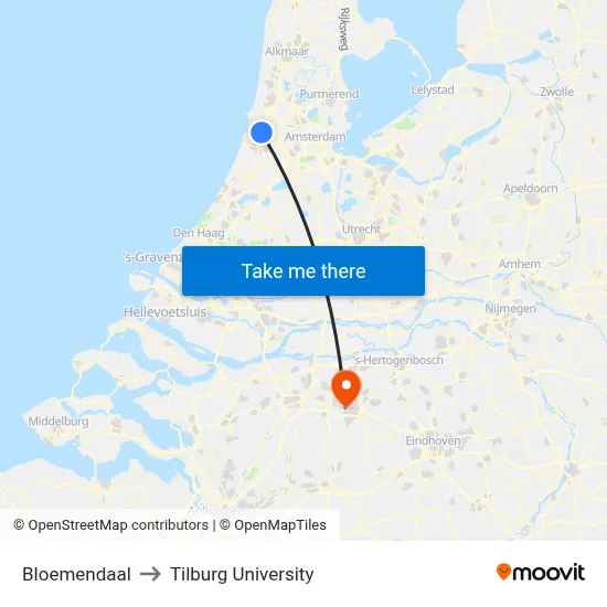 Bloemendaal to Tilburg University map