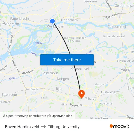 Boven-Hardinxveld to Tilburg University map