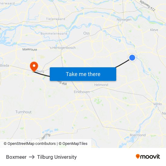 Boxmeer to Tilburg University map