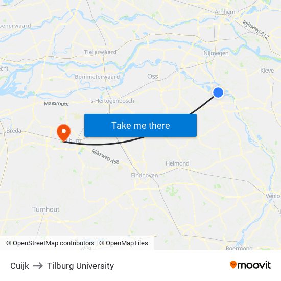 Cuijk to Tilburg University map