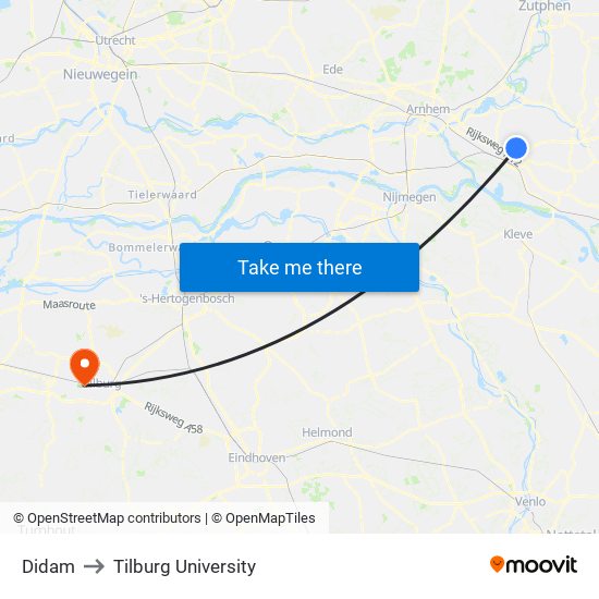 Didam to Tilburg University map