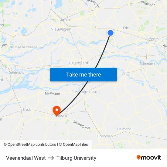 Veenendaal West to Tilburg University map