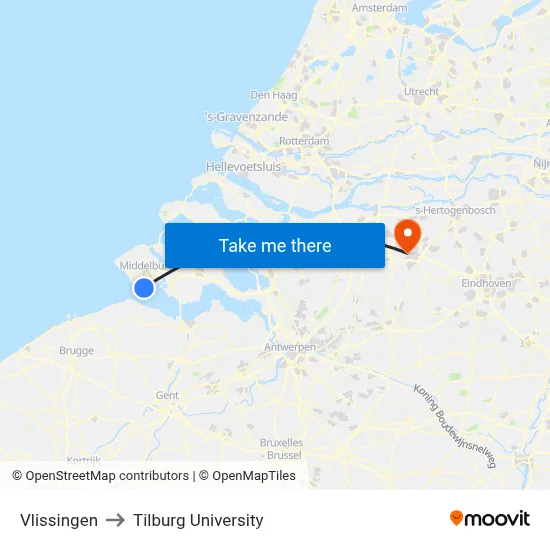 Vlissingen to Tilburg University map