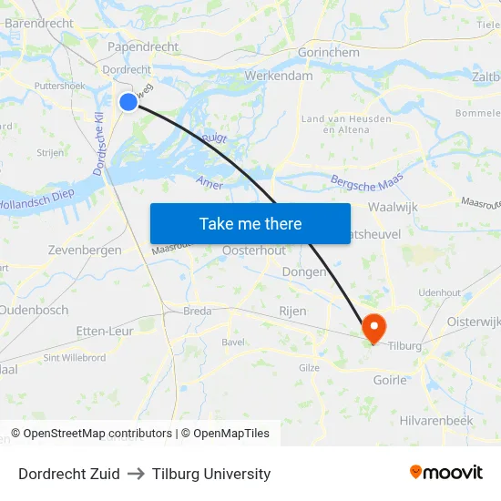 Dordrecht Zuid to Tilburg University map