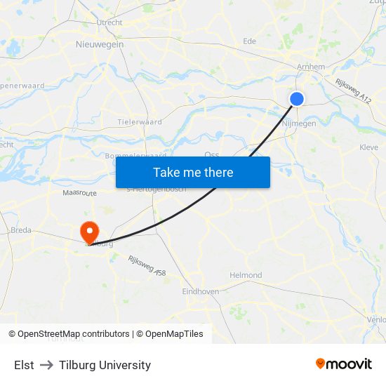 Elst to Tilburg University map
