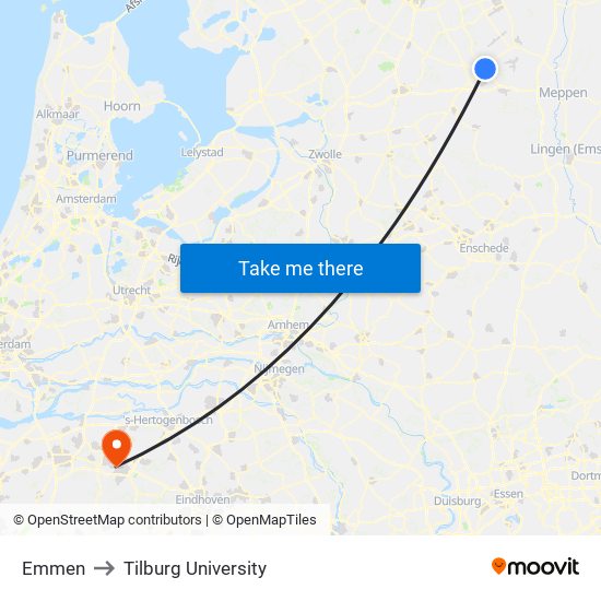 Emmen to Tilburg University map