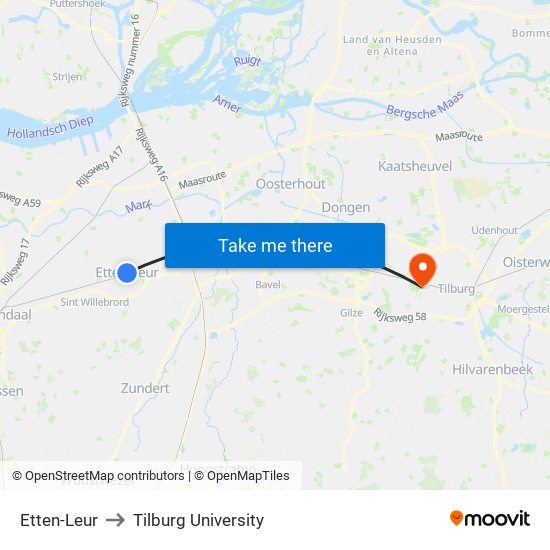 Etten-Leur to Tilburg University map