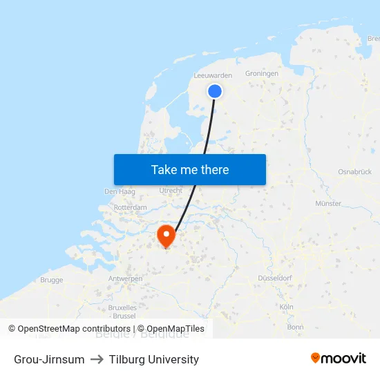 Grou-Jirnsum to Tilburg University map