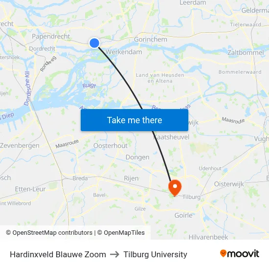 Hardinxveld Blauwe Zoom to Tilburg University map