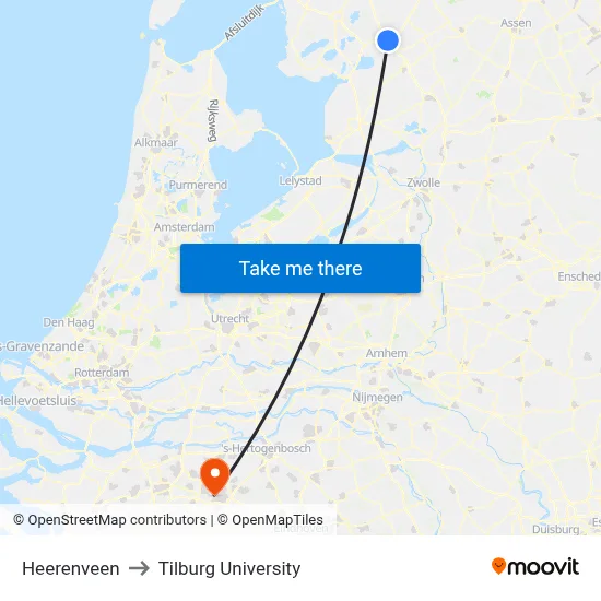 Heerenveen to Tilburg University map