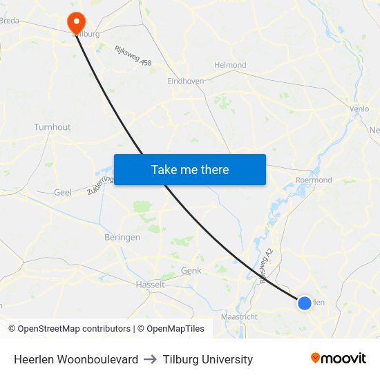 Heerlen Woonboulevard to Tilburg University map