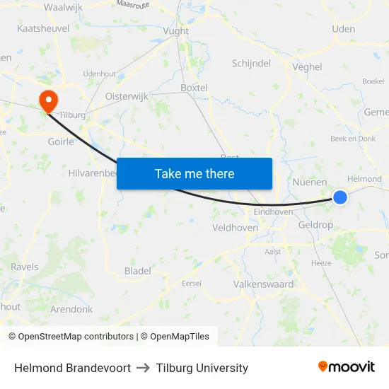 Helmond Brandevoort to Tilburg University map
