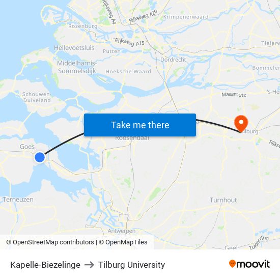Kapelle-Biezelinge to Tilburg University map