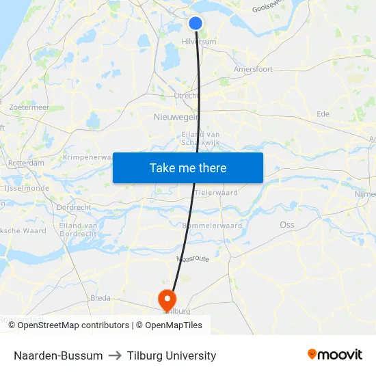 Naarden-Bussum to Tilburg University map