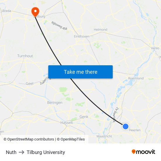 Nuth to Tilburg University map