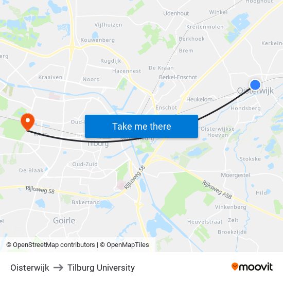 Oisterwijk to Tilburg University map