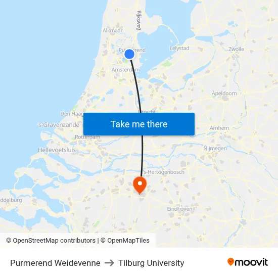 Purmerend Weidevenne to Tilburg University map