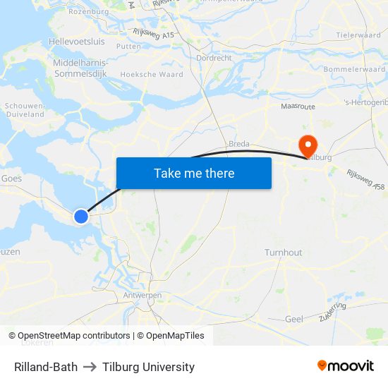 Rilland-Bath to Tilburg University map